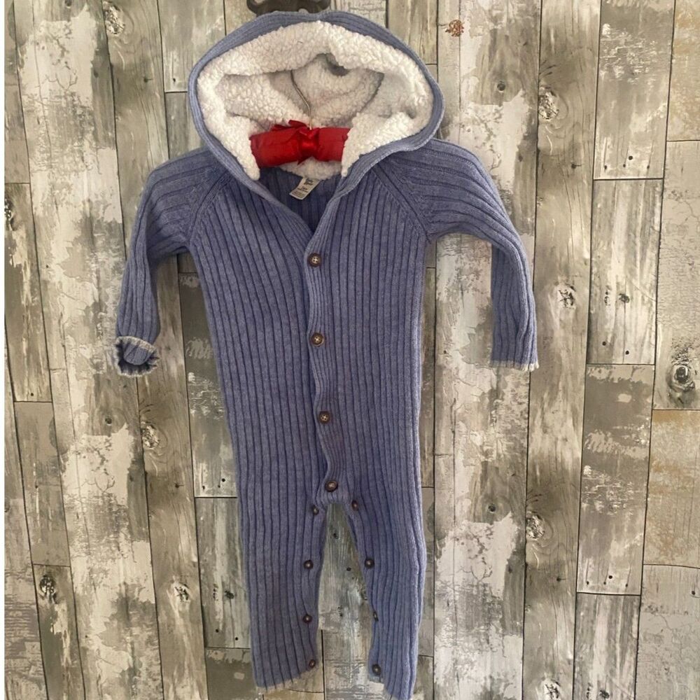 Baby B'gosh blue sweater one piece with sherpa hood 24M